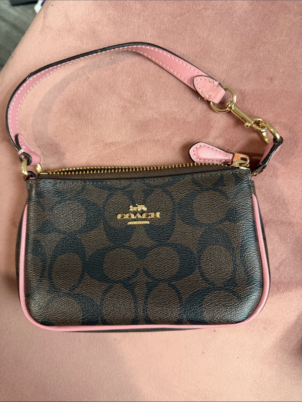 Coach Brown Signature Canvas Wristlet with Pink Trim